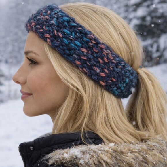 Wool multicolor hand knit chunky headband stretch navy turquoise pink orange L main image 8